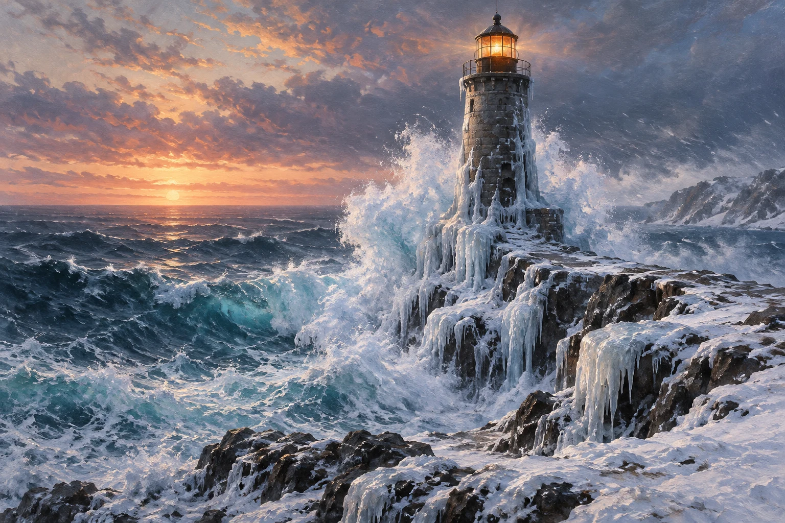 Frozen Lighthouse at Sunset