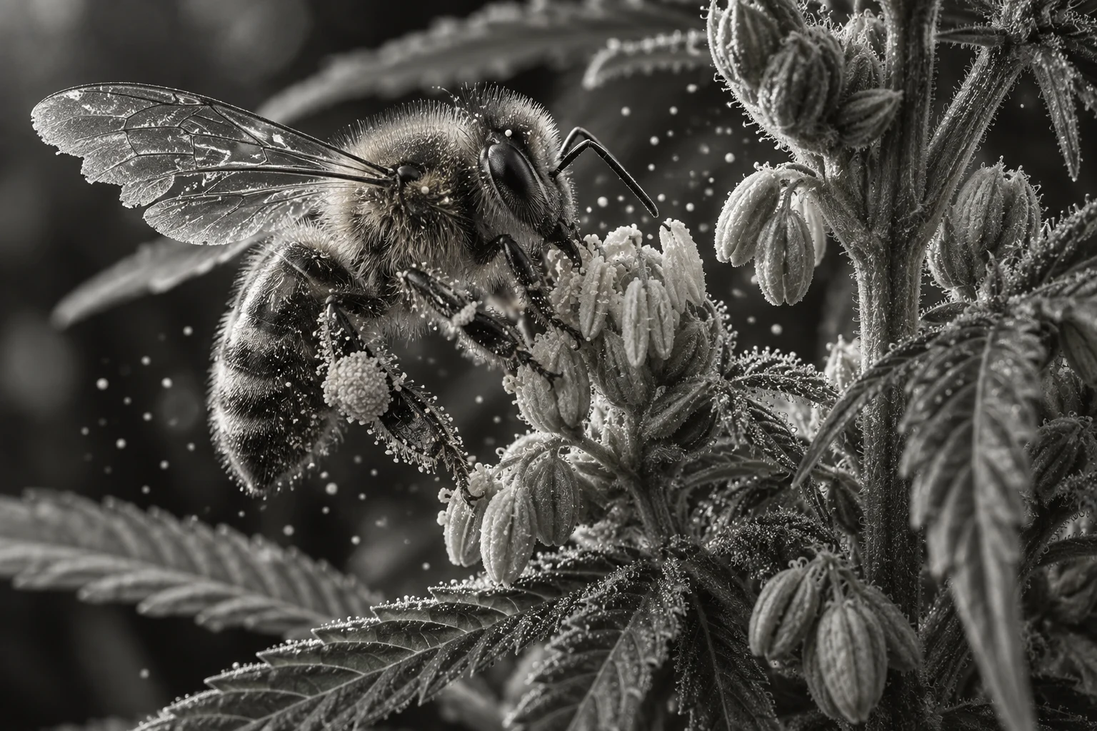 Bee Pollinating Cannabis Monochrome